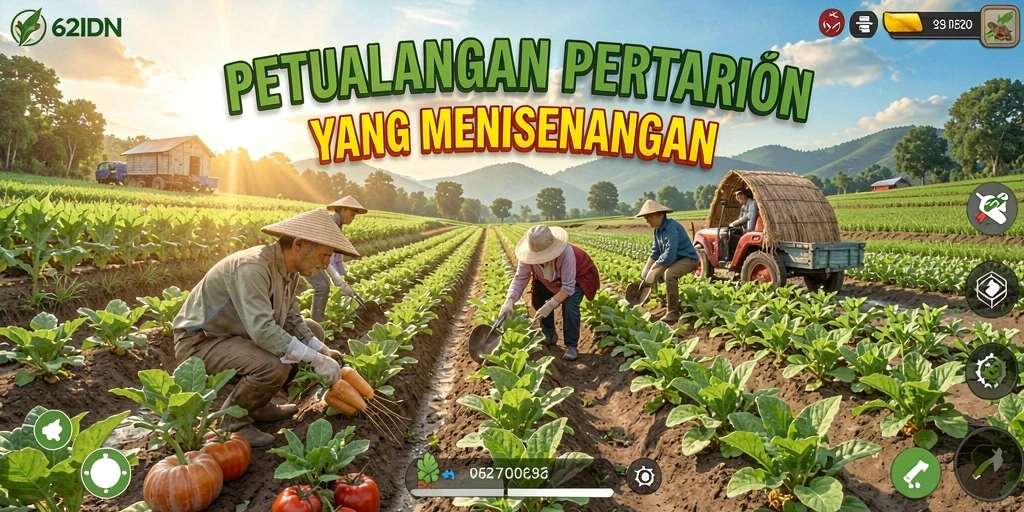 Tampilan utama gameplay 62IDN dengan aktivitas bertani yang seru.
