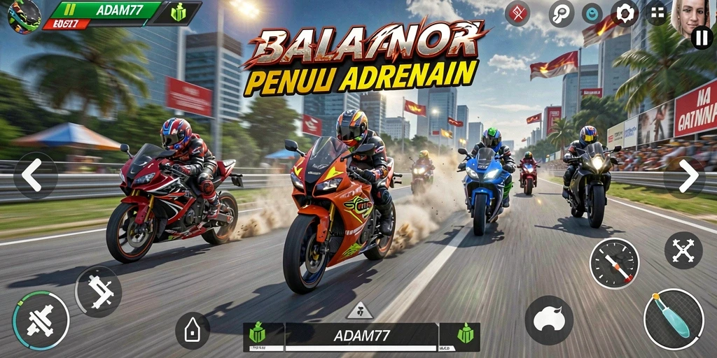 Tampilan seru dari gameplay ADAM77 saat balapan motor.