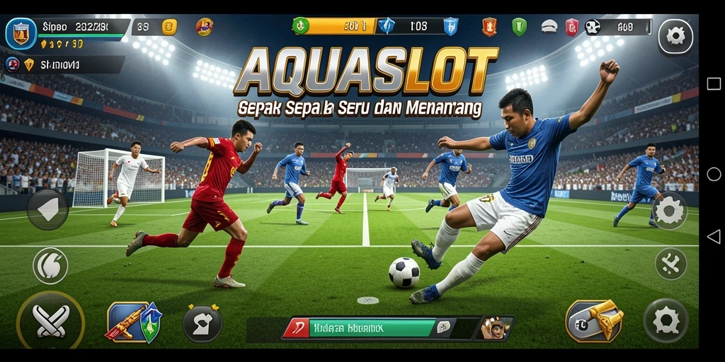Tangkapan layar utama AQUASLOT dengan suasana permainan sepak bola yang mendebarkan.