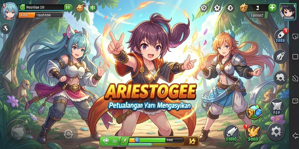 Screenshot ARIESTOGEL menampilkan karakter Anime dalam pertempuran seru.