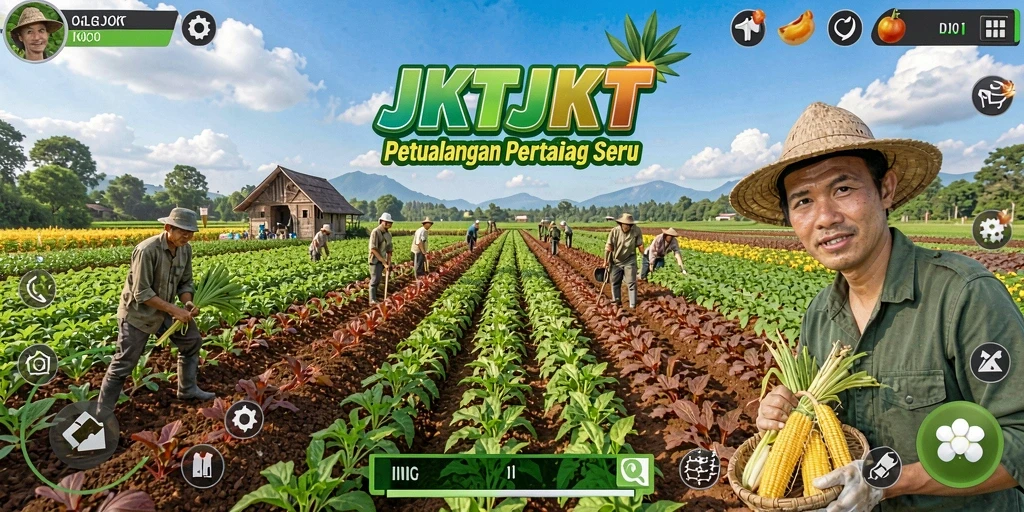 Tampilan gameplay <strong>JKTJKT</strong> yang menampilkan aktivitas bertani dengan grafis menawan.