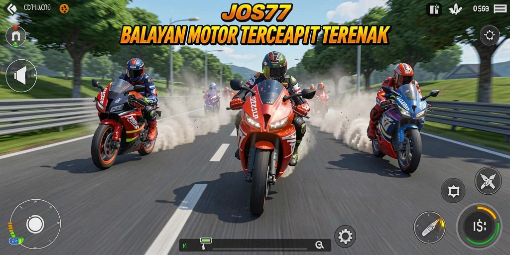 Screenshot JOS77 menunjukkan balapan motor yang intens dan menegangkan.