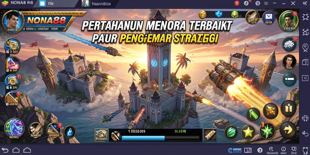 Screenshot gameplay NONA88 menampilkan menara pertahanan yang megah dan serangan musuh.
