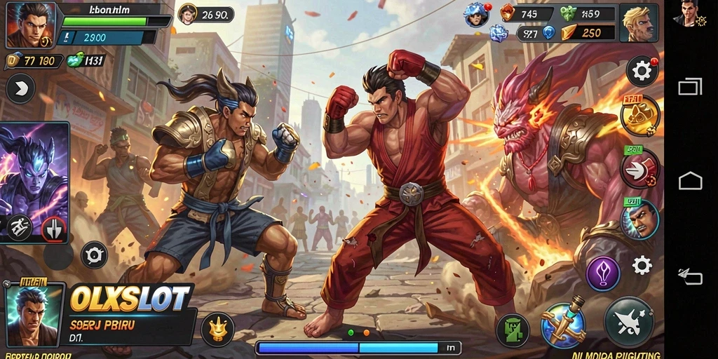 Tampilan pertarungan epik di OLXSLOT dengan karakter unik.