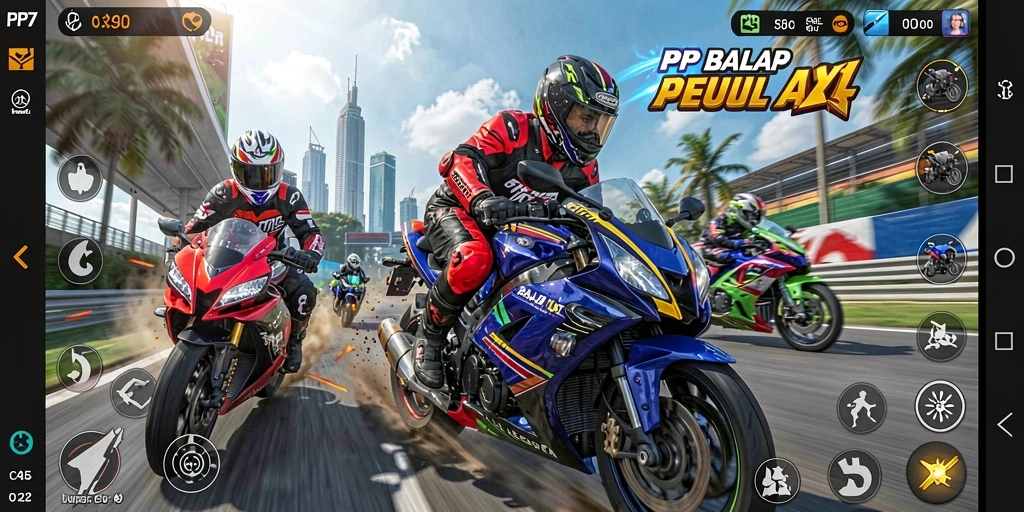 Tangkapan layar gameplay PP7 menampilkan aksi balap motor yang mendebarkan.