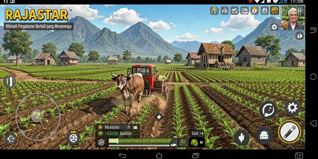 Screenshot gameplay yang menunjukkan aktivitas pertanian di RAJASTAR.