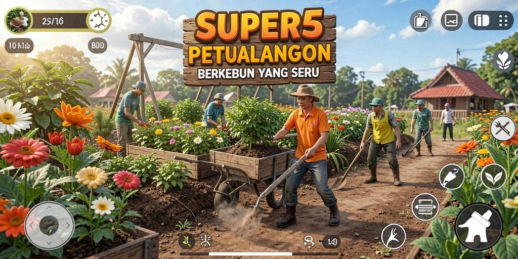 Screenshot SUPER5 menampilkan gameplay berkebun yang interaktif.