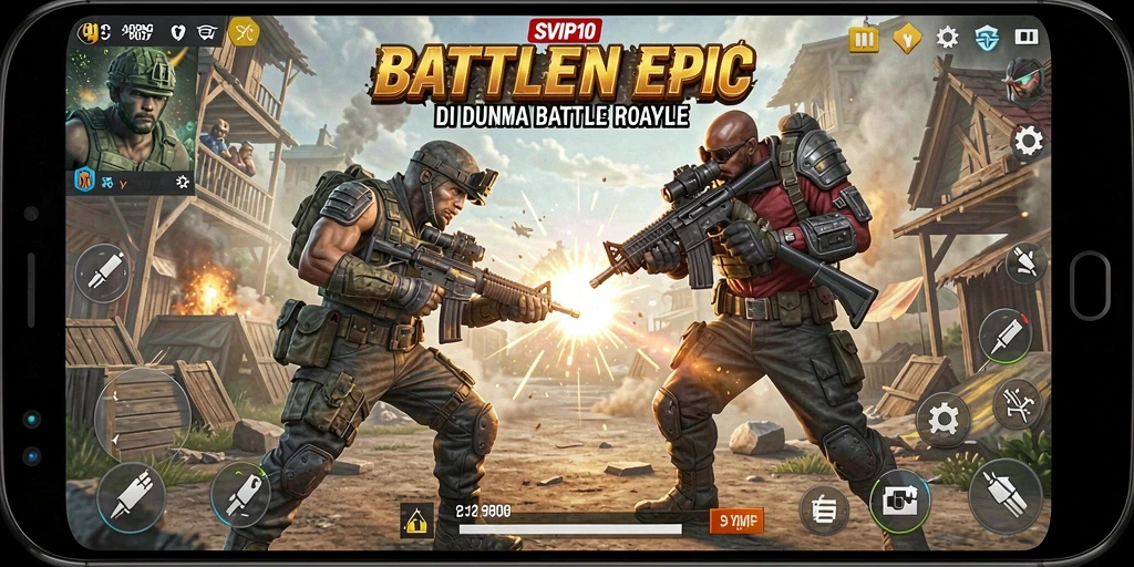 Screenshot menunjukkan aksi intens di dalam game Battle Royale yang menegangkan.